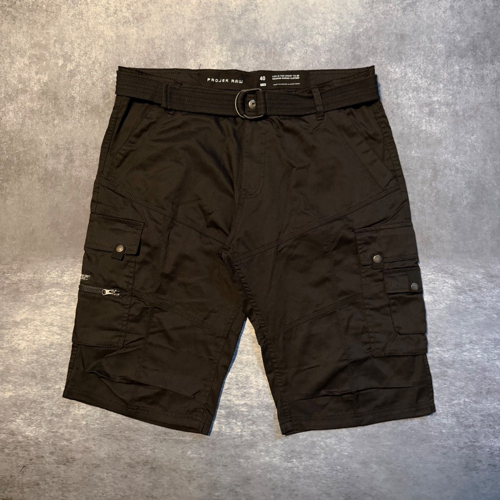 Projek Raw Mens Black Cargo Shorts Size 40 Belted Multi Pocket Utility Gorpcore